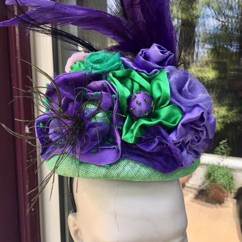 Fascinator hat new, handmade with silk fabrics and feathers