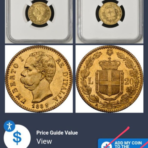 Gold Coin 20 Francs 1889 Italy Umberto I MS 63 Certified