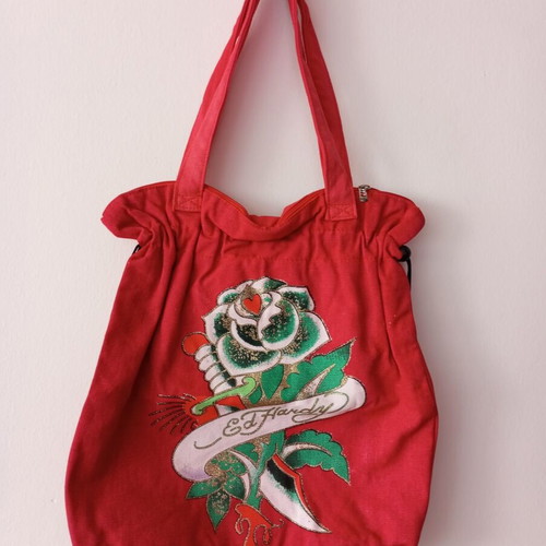 Red Ed Hardy Y2K Style Tattoo Canvas Shoulder Bag