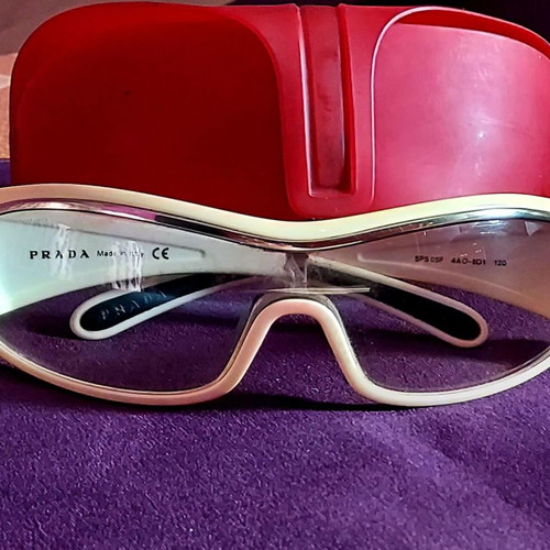 Prada Sport Linea Rossa Sunglasses used, white and beige wrap-around mask style