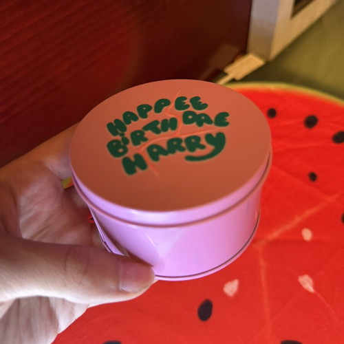 Metal Jewelry Storage Tin Happy Birthday Harry like new, pink multicolor