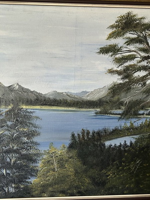 Landscape oil painting like new, realistic style with mountains and lake