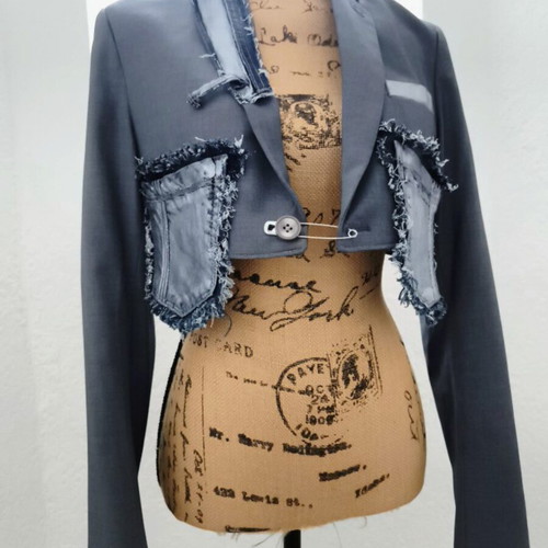 Handmade upcycled cropped blazer with denim details
