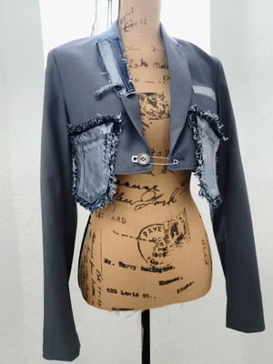 Handmade upcycled cropped blazer with denim details