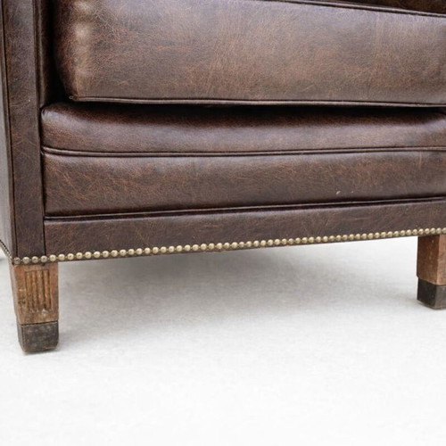 Leatherette Club Armchair Like New with Brass Legs and Studded Trim