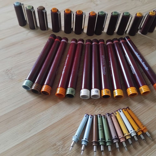 Rotring rapidographs used, set with 11 tips, rings, caps, and bodies