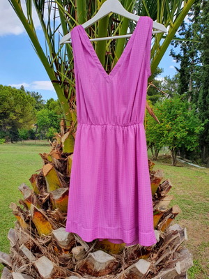 Vintage φόρεμα από jacquard satin silk ύφασμα ροζ, σαν καινούργιο