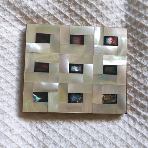 Vintage powder compact used, mother-of-pearl with original pompom