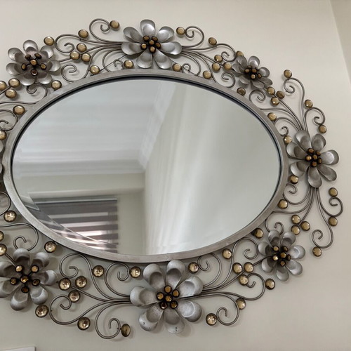 Decorative wall mirror and clock with handmade metal design, like new