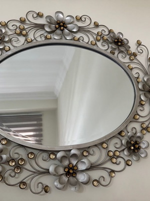 Decorative wall mirror and clock with handmade metal design, like new
