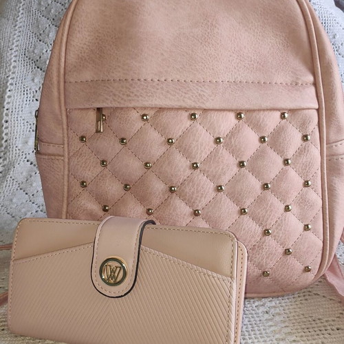 Women's backpack set with gold studs and wallet nude pink new