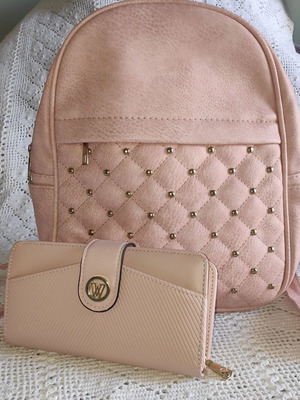 Women's backpack set with gold studs and wallet nude pink new