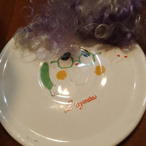 Ceramic decorative set 'S' agapo' 1980s plate and egg with hair