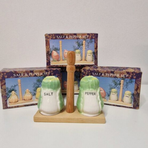 Vintage salt and pepper set with wooden base new, 5 sets