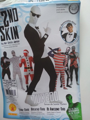 2nd Skin Tuxedo adult costume new, full-body jumpsuit with hood