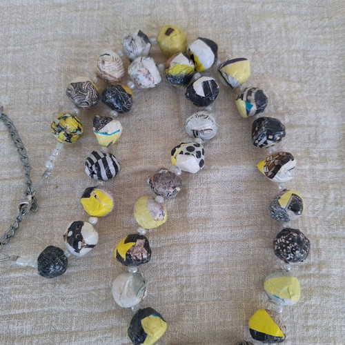 Papier-mâché necklace handmade made to order, yellow and black and white