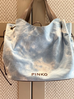 Pinko τσάντα shopper Pagoda σαν καινούργιο, ύφασμα και δέρμα, μπλε και καφέ