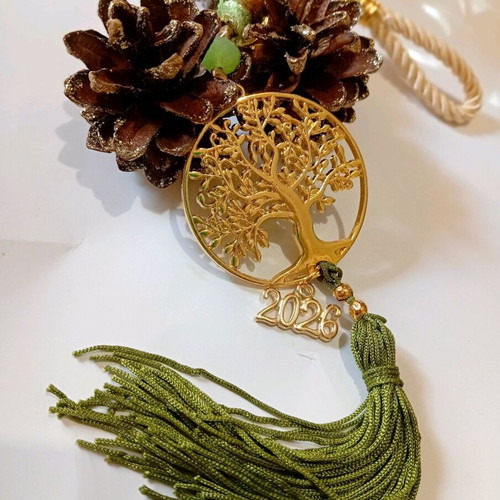 Handmade 2026 hanging charm with metal tree of life in gold color