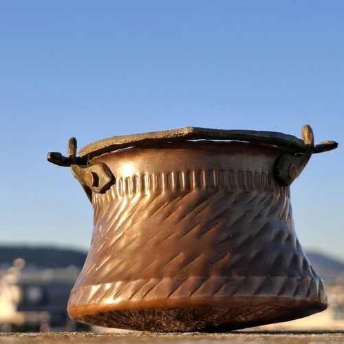 Copper miniature bucket used with hammered finish and metal handle
