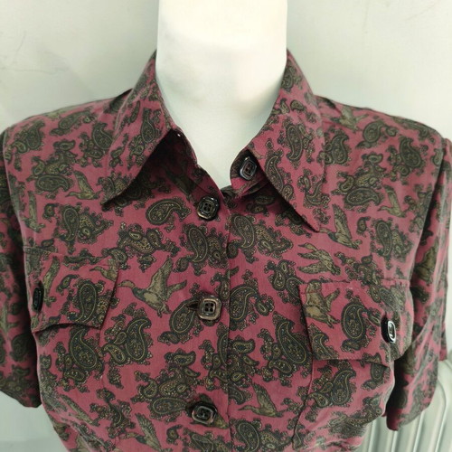 Hand made silk dress size L, like new, burgundy with duck pattern