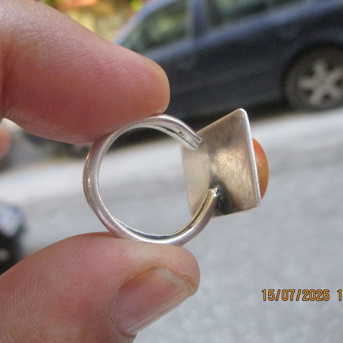 Silver ring with coral Bamboo, like new, adjustable size
