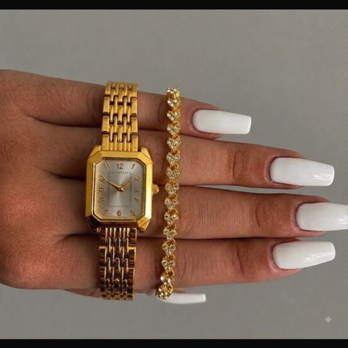 Quartz women's watch set with heart chain and vintage square dial, gold