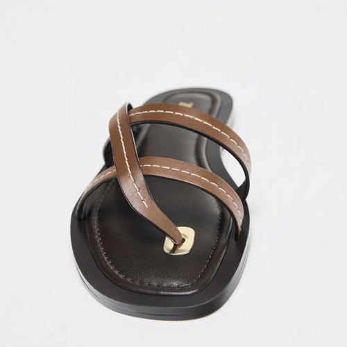 Zara brown real leather flat sandals, size 37