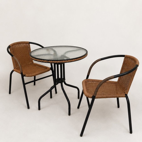Outdoor table set with 2 chairs used, metal frame and glass top
