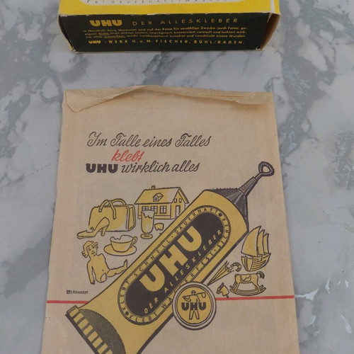 UHU glue with paper packaging and promotional envelope from 1960s used