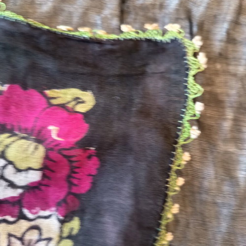 Vintage black scarf with floral design and handmade needle lace, like new