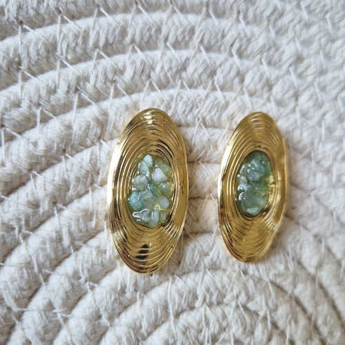 Oval Earrings with Green Stones Stainless Steel New