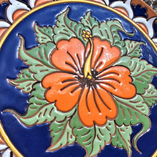 Vintage handmade Rodos ceramic plate with hibiscus motif like new
