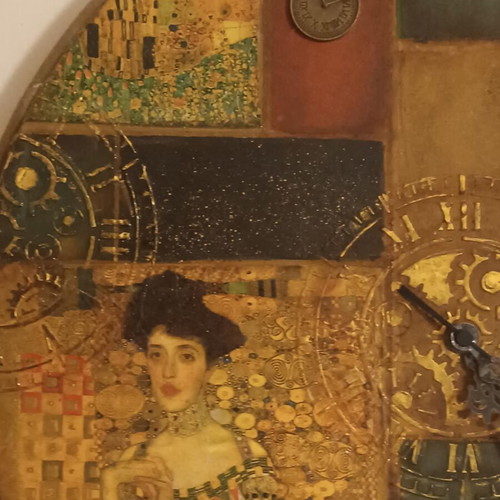 Wooden wall clock like new, mix media Klimt design