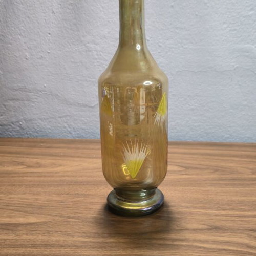 Vintage glass vase amber with hand-painted flowers
