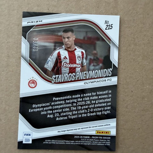 2025-26 Panini FIFA Prizm Rookie Stavros Pnevmonidis card, like new