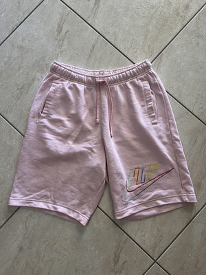 Nike Sportswear pink shorts with multicolor embroidered logo, size S