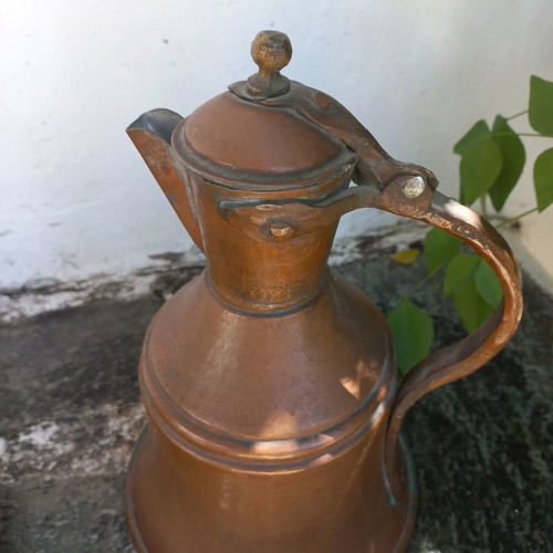 Copper jug and plate set used, old
