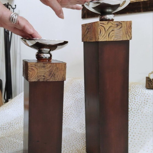 Wooden candlesticks used, heights 36 and 46 cm