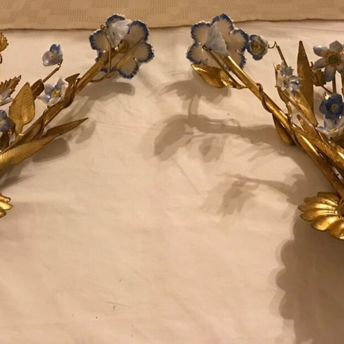 Antique wall lights used, set of 2 with porcelain flowers