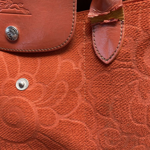 Longchamp orange tote bag shoulder used, soft velvet texture