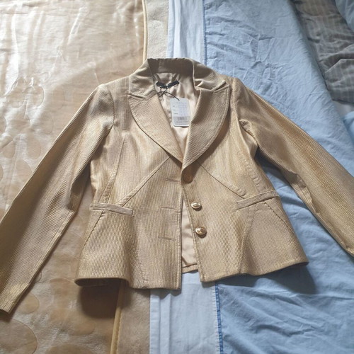 RoccoBarocco top and trousers set with D.P.G. jacket, gold and beige