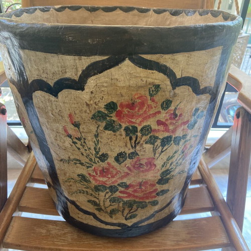 Rare antique papier mache basket used, lacquered with floral decor
