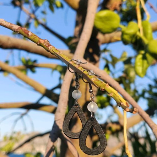 Earrings new with steel hooks and black wooden tear drop