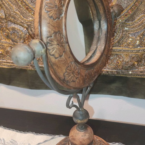 Wooden carved rotating tabletop mirror used vintage