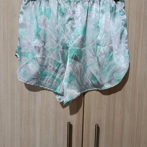 Daisy satin pajamas like new, gray turquoise with ruffles