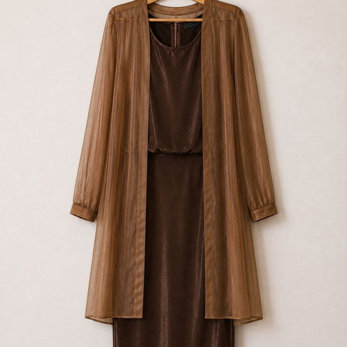 Summer set with skirt, blouse and organza kazaka, like new, brown