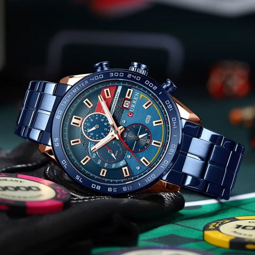 Ρολόι Curren Luxury Chronograph καινούργιο, μπλε και χρυσαφί