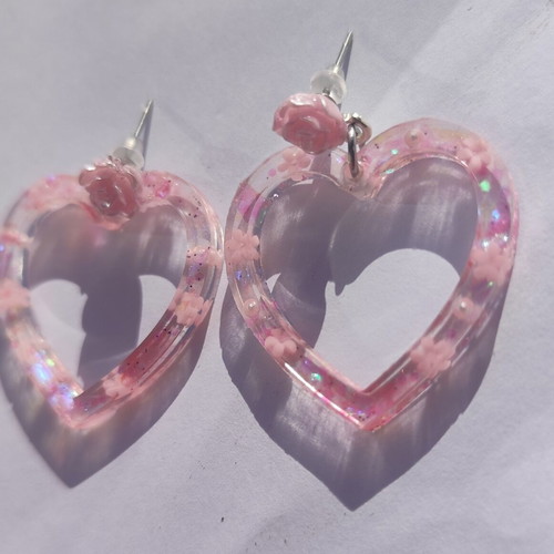 Handmade heart earrings with pink flower, new