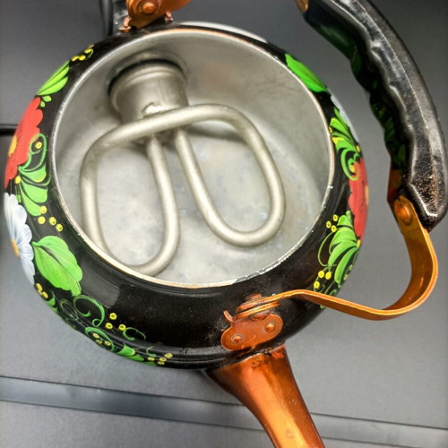 Russian kettle used, metal with bright patterns, 2 liters