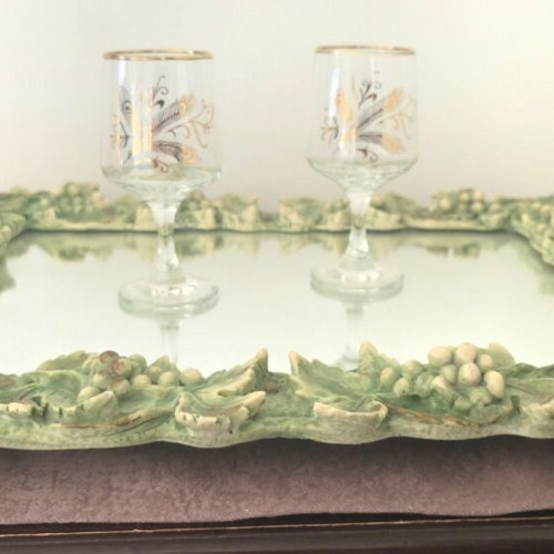 Handmade serving tray with mirror and embossed grapevine frame, like new